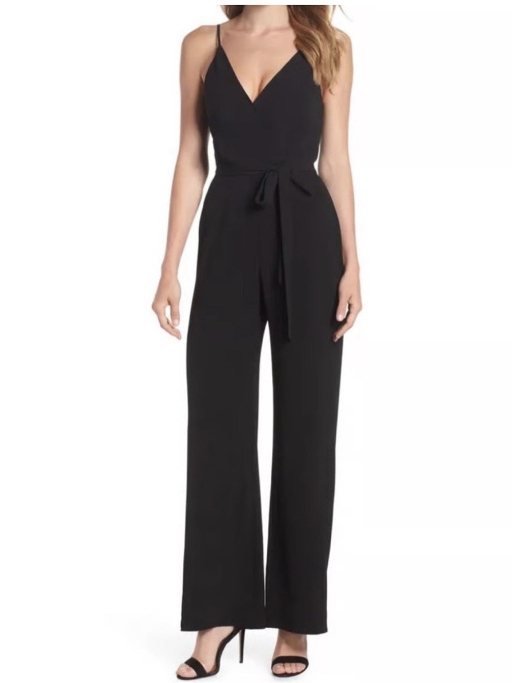 Charles Henry Sleeveless Black V-Neck Wide-Leg Jumpsuit with Waist Tie